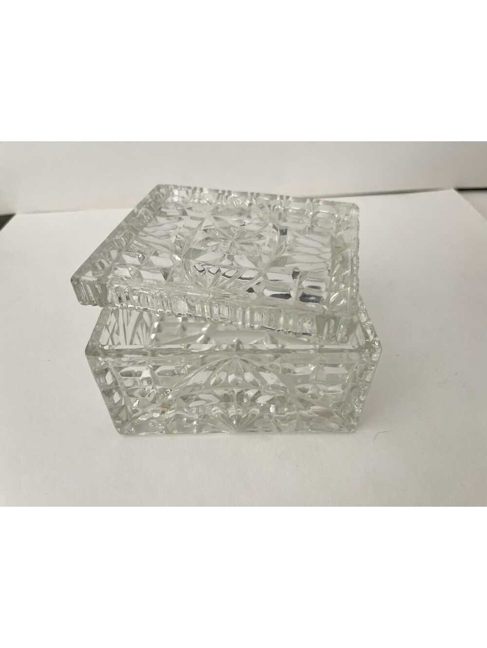 VINTAGE 2 PC. CLEAR PRESSED GLASS RECTANGULAR TRINKET BOX W/lid Storage Candy